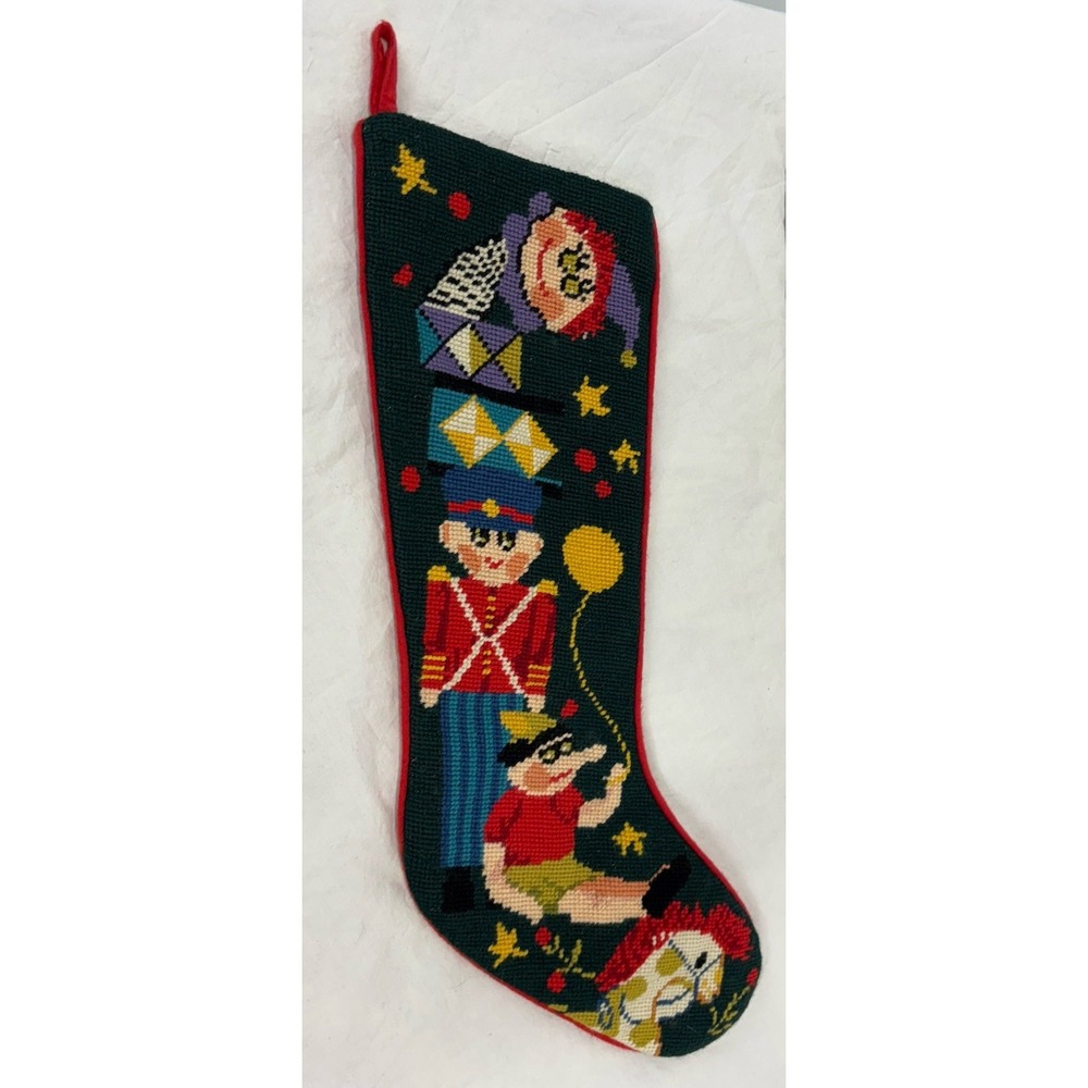 Vtg Needlepoint Wool Christmas Stocking Nutcracker Jack In The Box 90s